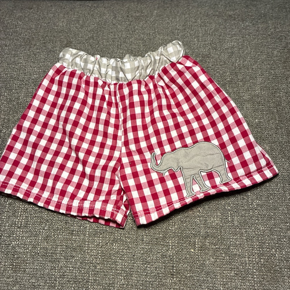 Red and White Checkered Shorts with Elephant Patch